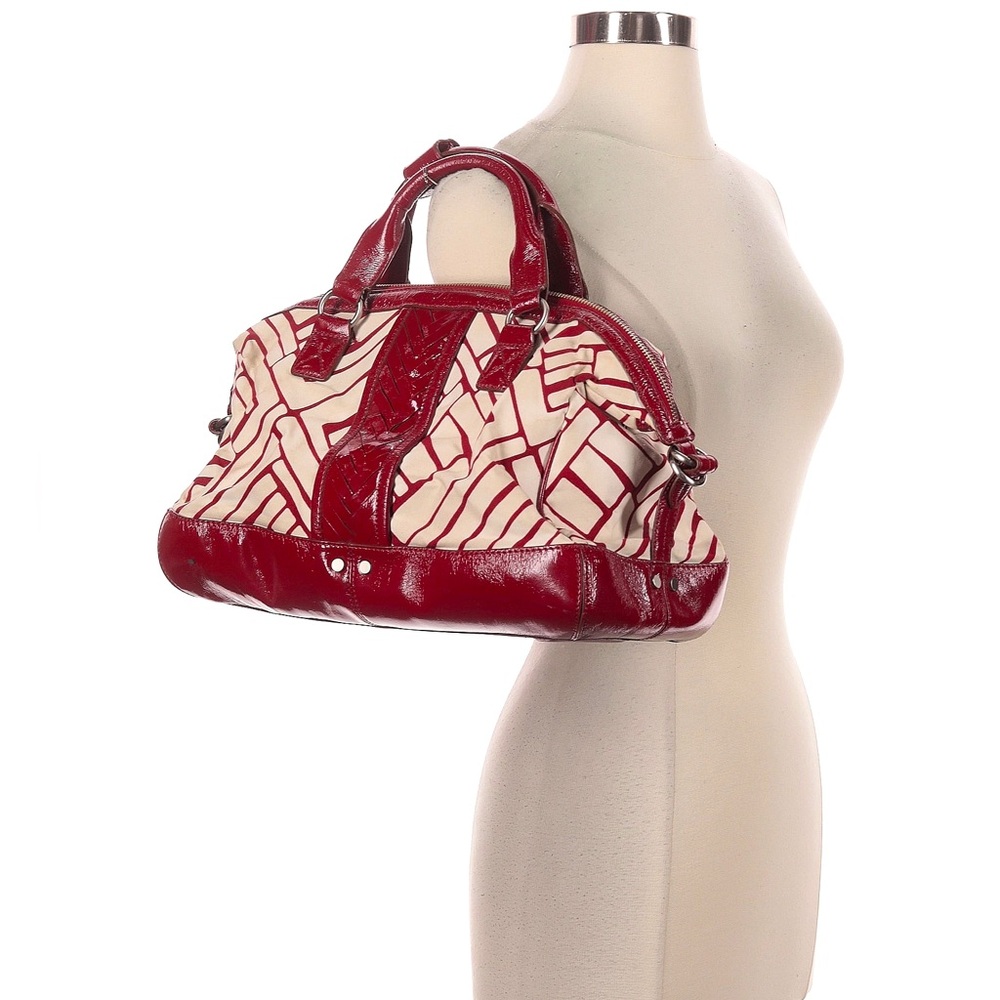 Cole Haan Bowling Bag shoulder bag satchel burgundy patent + cream canvas